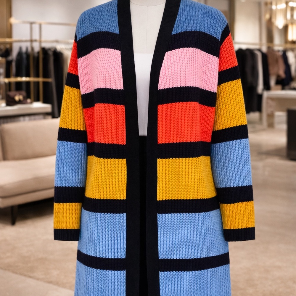 Woven Heart Colorblock Striped Duster Cardigan Long Knit Cotton Pink BlueLayer L